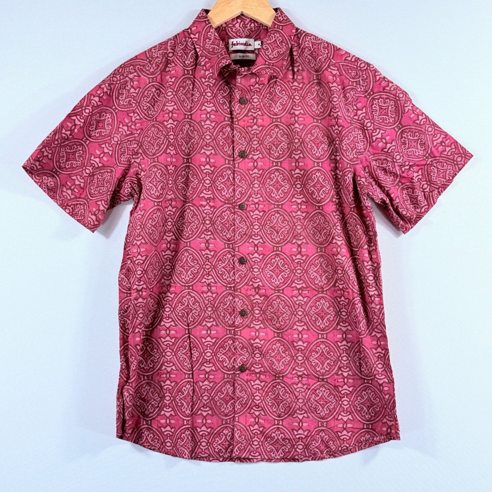 Fabindia Button Down Shirt Mens Medium Pink Medallion Slim Fit Boho Artisan